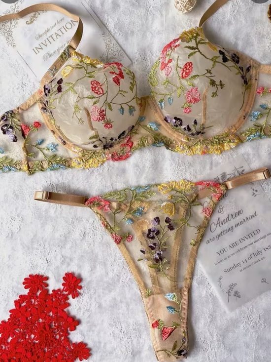 Other - Sheer Floral Embroidered Bralette & Thong Set - Beige/Yellow, Size Medium, NWT